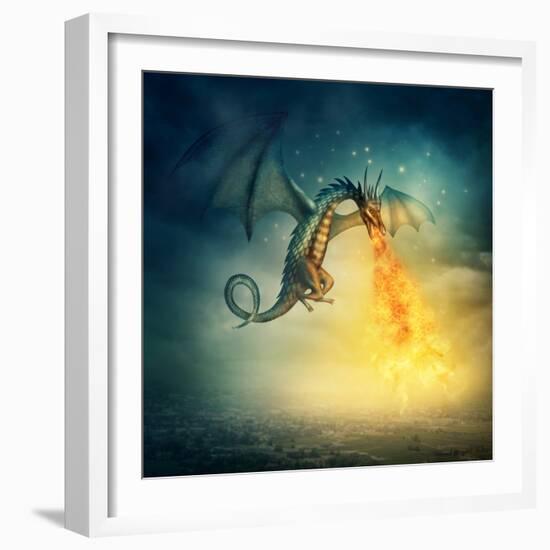 Flying Fantasy Dragon at Night-egal-Framed Photographic Print
