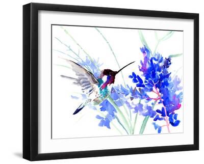 Flying Hummingbird And Blue Flowers-Suren Nersisyan-Framed Art Print