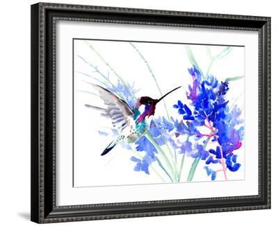 Flying Hummingbird And Blue Flowers-Suren Nersisyan-Framed Art Print