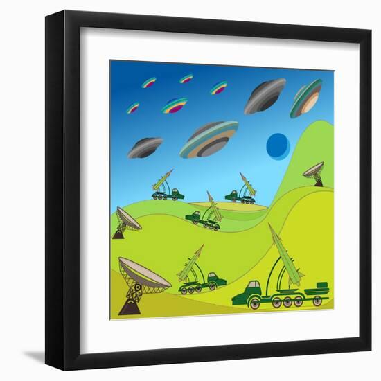 Flying Plates of Aliens are Attacking the Earth-qiiip-Framed Art Print