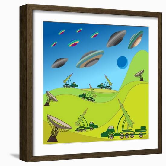 Flying Plates of Aliens are Attacking the Earth-qiiip-Framed Art Print