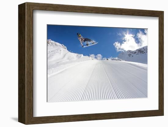 Flying Snowboarder on Mountains, Extreme Sport-Merkushev Vasiliy-Framed Photographic Print