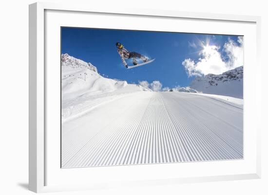 Flying Snowboarder on Mountains, Extreme Sport-Merkushev Vasiliy-Framed Photographic Print