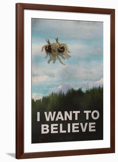 Flying Spaghetti Monster I Want To Believe-null-Framed Art Print