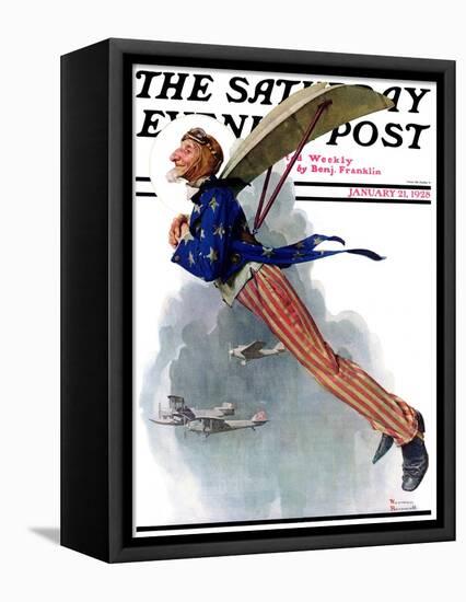 "Flying Uncle Sam" Saturday Evening Post Cover, January 21,1928-Norman Rockwell-Framed Stretched Canvas