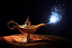 Magic Lamp from the Story of Aladdin with Genie Appearing in Blue Smoke Concept for Wishing, Luck A-Flynt-Photographic Print