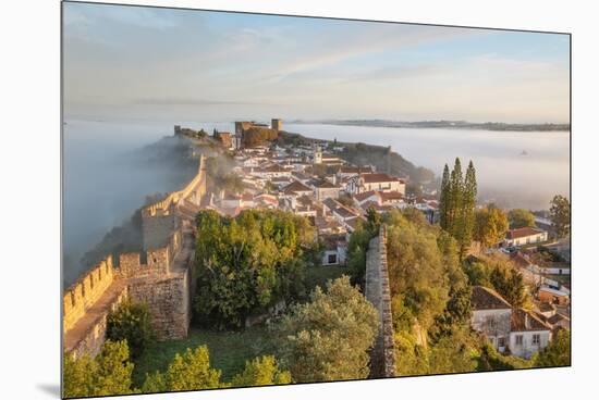 Fog at sunrise over Obidos old town and rampart defensive walls, Obidos, Centro Region, Estremadura-Stuart Black-Mounted Premium Photographic Print