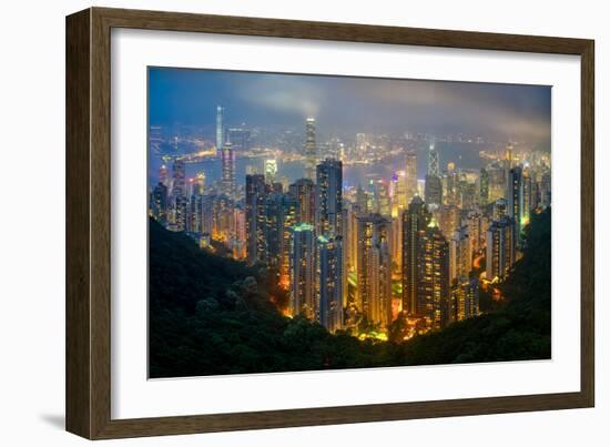 Fog envelops Hong Kong on a summer night seen from Victoria Peak, Hong Kong, China, Asia-Logan Brown-Framed Photographic Print