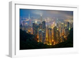 Fog envelops Hong Kong on a summer night seen from Victoria Peak, Hong Kong, China, Asia-Logan Brown-Framed Photographic Print