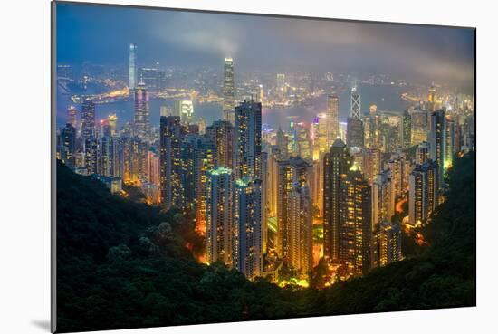 Fog envelops Hong Kong on a summer night seen from Victoria Peak, Hong Kong, China, Asia-Logan Brown-Mounted Photographic Print