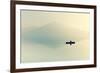 Fog over the Lake. Silhouette of Mountains in the Background. the Man Floats in a Boat with a Paddl-Maryna Patzen-Framed Photographic Print