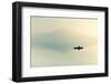 Fog over the Lake. Silhouette of Mountains in the Background. the Man Floats in a Boat with a Paddl-Maryna Patzen-Framed Photographic Print