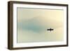 Fog over the Lake. Silhouette of Mountains in the Background. the Man Floats in a Boat with a Paddl-Maryna Patzen-Framed Photographic Print