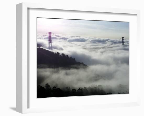 Fog Shrouds the Golden Gate Bridge and the Marin Headlands Near Sausalito-null-Framed Premium Photographic Print
