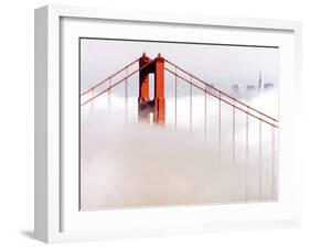 Fog Swirls and Covers All of Golden Gate Bridge Save the North Tower and the Tips of Skyscrapers-null-Framed Premium Photographic Print