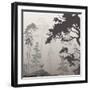 Foggy Landscape with Silhouette of Forest, Pine Trees and Deer, Brown Tones-eva_mask-Framed Art Print