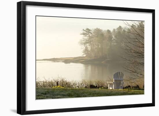 Foggy Morning in Spring, Chair Overlooking Casco Bay, Freeport, Maine-Rob Sheppard-Framed Photographic Print