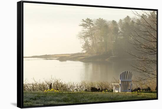 Foggy Morning in Spring, Chair Overlooking Casco Bay, Freeport, Maine-Rob Sheppard-Framed Stretched Canvas