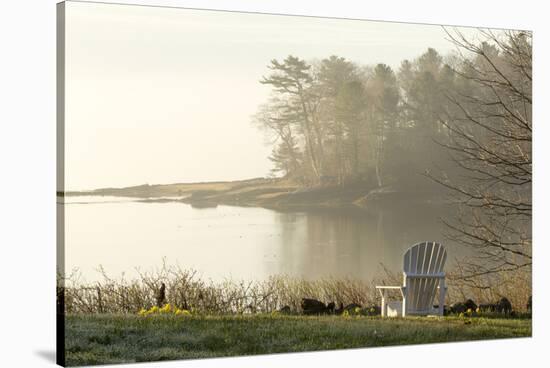 Foggy Morning in Spring, Chair Overlooking Casco Bay, Freeport, Maine-Rob Sheppard-Stretched Canvas