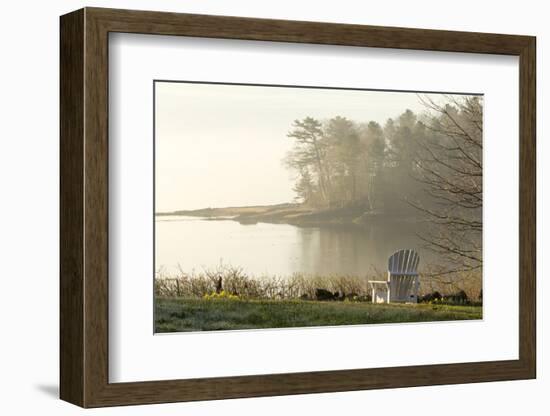 Foggy Morning in Spring, Chair Overlooking Casco Bay, Freeport, Maine-Rob Sheppard-Framed Photographic Print