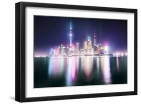 Foggy yet colorful skyline of Shanghai Pudong at night, Shanghai, China, Asia-Andreas Brandl-Framed Photographic Print