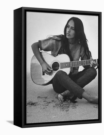 Folk Singer Joan Baez Strumming Her Guitar on the Beach Near Her Home-Ralph Crane-Framed Stretched Canvas