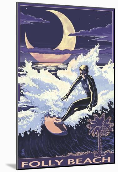 Folly Beach, Sc - Sufer With Palmetto Moon-null-Mounted Poster