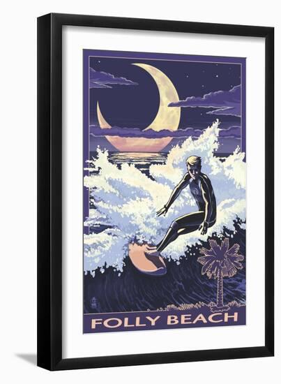 Folly Beach, SC - Sufer with Palmetto Moon-Lantern Press-Framed Art Print