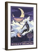 Folly Beach, SC - Sufer with Palmetto Moon-Lantern Press-Framed Art Print