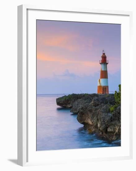 Folly Point Lighthouse Illuminted at Dusk, Port Antonio, Portland Parish, Jamaica, Caribbean-Doug Pearson-Framed Photographic Print