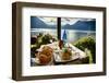 Food on a Restaurant Table with a Lake Como View-George Oze-Framed Photographic Print