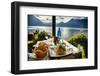 Food on a Restaurant Table with a Lake Como View-George Oze-Framed Photographic Print