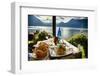 Food on a Restaurant Table with a Lake Como View-George Oze-Framed Photographic Print