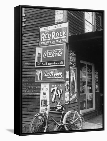Food Store Called Leo's Place Covered with Beverage Ads Incl. Coca Cola, 7 Up, Dr. Pepper and Pepsi-Alfred Eisenstaedt-Framed Stretched Canvas