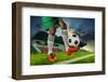 Foot Ball Player Holding Foot Ball on Leg Ankle on Soccer Sport Field Agianst Stadium and Dusky Sky-khunaspix-Framed Photographic Print