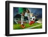 Foot Ball Player Holding Foot Ball on Leg Ankle on Soccer Sport Field Agianst Stadium and Dusky Sky-khunaspix-Framed Photographic Print