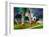 Foot Ball Player Holding Foot Ball on Leg Ankle on Soccer Sport Field Agianst Stadium and Dusky Sky-khunaspix-Framed Photographic Print