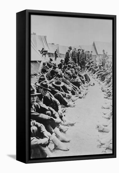 Foot Inspection, Soldiers Sit on Ground While Doctors Prepare to Examine a Full Unit at Once-null-Framed Stretched Canvas