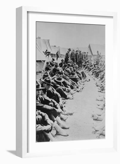 Foot Inspection, Soldiers Sit on Ground While Doctors Prepare to Examine a Full Unit at Once-null-Framed Art Print