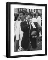 Football Coach Jack Freeman Holding Ball Weeps with Joy After His Team-Hank Walker-Framed Photographic Print