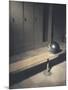 Football Helmet on Bench in Locker Room-null-Mounted Photographic Print