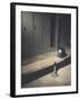 Football Helmet on Bench in Locker Room-null-Framed Photographic Print