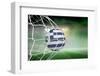 Football in Greece Colours at Back of Net against Football Pitch under Green Sky and Spotlights-Wavebreak Media Ltd-Framed Photographic Print
