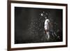 Football Player in Jump Striking Ball with Sketches at Backdrop-Sergey Nivens-Framed Photographic Print