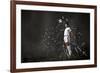 Football Player in Jump Striking Ball with Sketches at Backdrop-Sergey Nivens-Framed Photographic Print