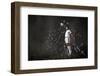 Football Player in Jump Striking Ball with Sketches at Backdrop-Sergey Nivens-Framed Photographic Print