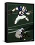 Football Running Back Flys over the Defense-null-Framed Stretched Canvas