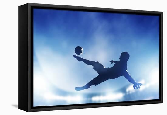 Football, Soccer Match. A Player Shooting on Goal Performing a Bicycle Kick. Lights on the Stadium-Michal Bednarek-Framed Stretched Canvas