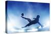 Football, Soccer Match. A Player Shooting on Goal Performing a Bicycle Kick. Lights on the Stadium-Michal Bednarek-Stretched Canvas