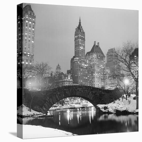 Footbridge in Snowy Central Park-null-Stretched Canvas